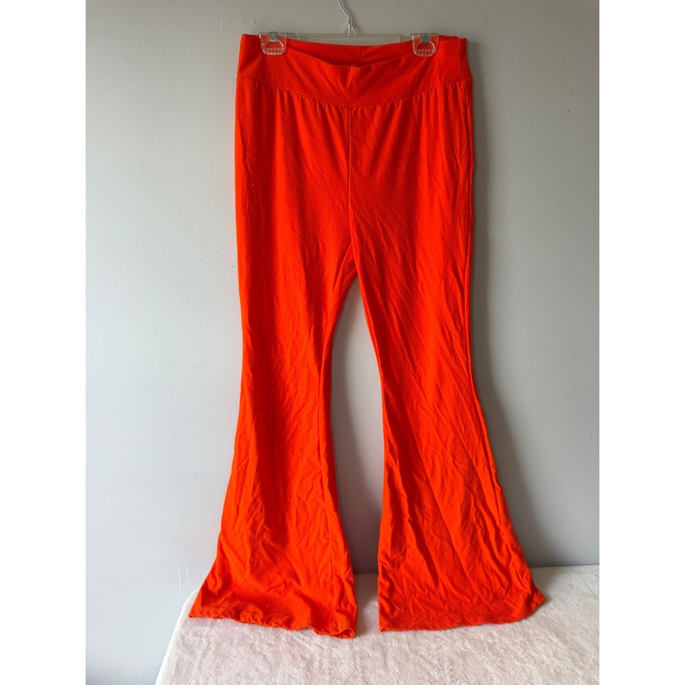 SHEIN Women Neon Orange Ribbed Knit Flare Leg Pants High Waist Bell Bottom XL 12
